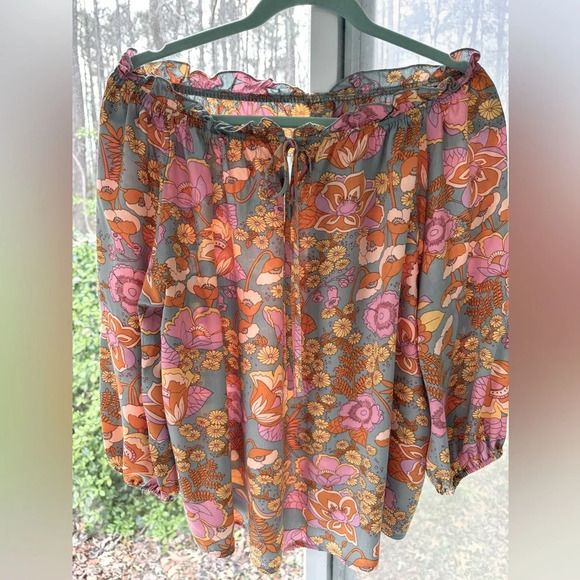 100% Viscous L Off the shoulder/or not. Spring flowers blouse. Adj. Half sleeve - Picture 2 of 12